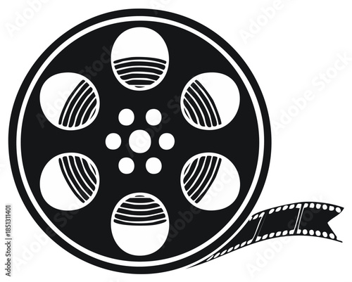 Vintage film reel with movie strip graphic symbol for cinema and entertainment