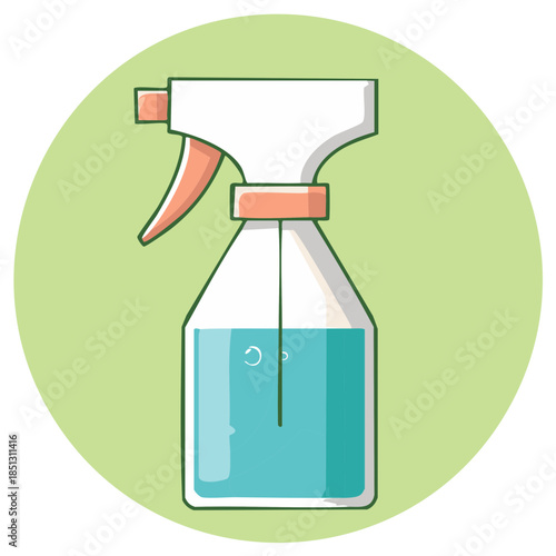 Graphic spray bottle with translucent blue liquid for cleaning disinfection and sanitation