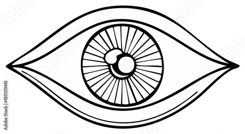 Detailed black and white illustration of a stylized eye with a radial iris design, suitable for tattoo or graphic element use