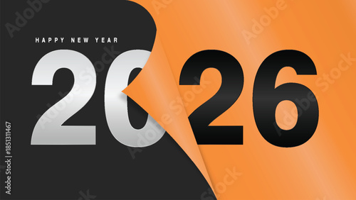 Modern 2026 Happy New Year poster with red paper fold reveal effect
