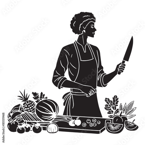 Black Vegan Cooking Silhouette Vector, High Quality Illustration on White Background