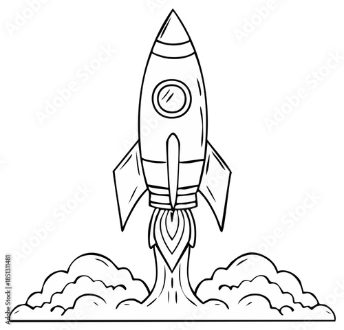 Cartoon drawing of a rocket blasting off with flames and smoke