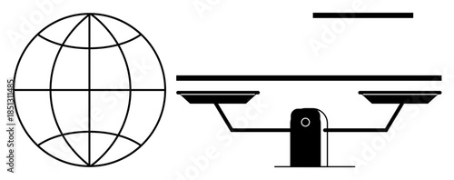 Global justice, equality, law, balance, fairness, legal systems. ion of a globe and a balance scale in minimalist design. Global justice and equality concept visually