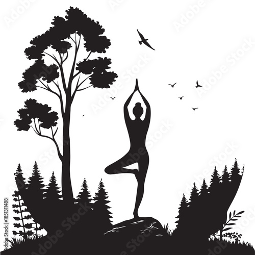Black Yoga with Nature Silhouette Vector, High Quality Illustration on White Background