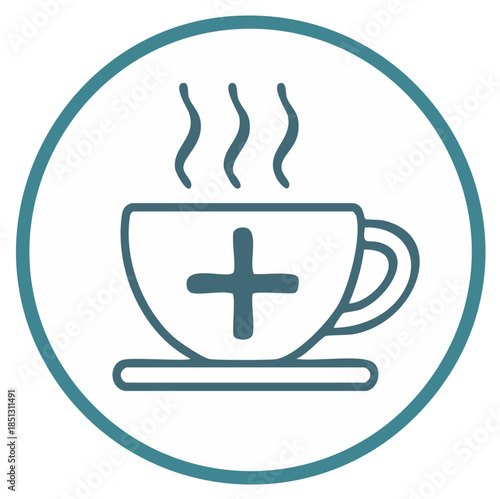 Line art icon of a steaming cup with a medical plus symbol for health wellness and medicine