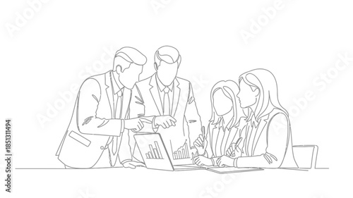 Team members collaborating around a laptop engaged in a discussion and shared work process