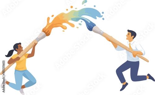 A lively illustration shows two people leaping toward each other while swinging oversized paintbrushes, creating a colorful splash that symbolizes creative collaboration and