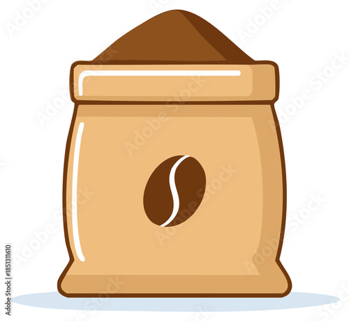 Brown burlap sack filled with ground coffee beans and a single coffee bean symbol