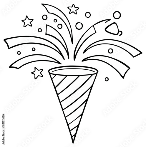Festive party popper bursting with stars and ribbons in black and white illustration