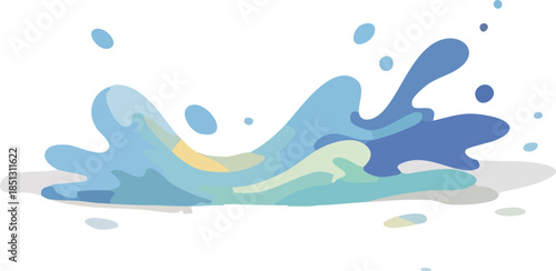 An abstract illustration shows a flowing splash of cool blue and aqua liquid with soft gradients and scattered droplets against