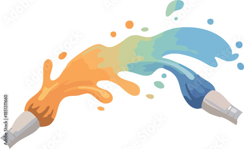 An abstract illustration shows two opposing paintbrushes releasing flowing splashes of warm orange and cool blue paint that meet dynamically against