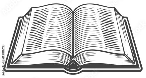 Classic open book illustration showcasing knowledge education and learning with vintage woodcut style