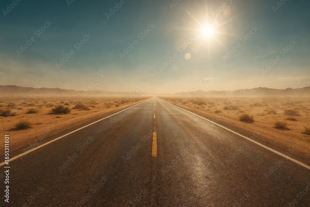 Fototapeta premium Endless Desert Road Under Bright Sun and Clear Sky