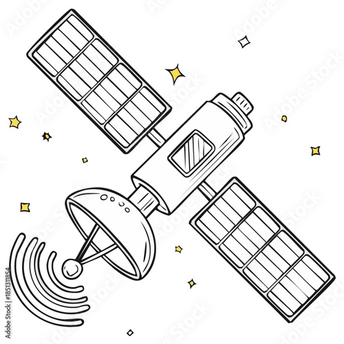 Satellite with solar panels and dish antenna transmits space data in black and white outline style