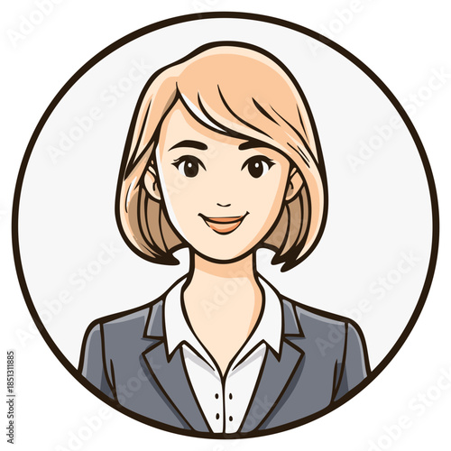 Cartoon illustration of a confident business woman with bob haircut wearing a grey suit with a white collared shirt