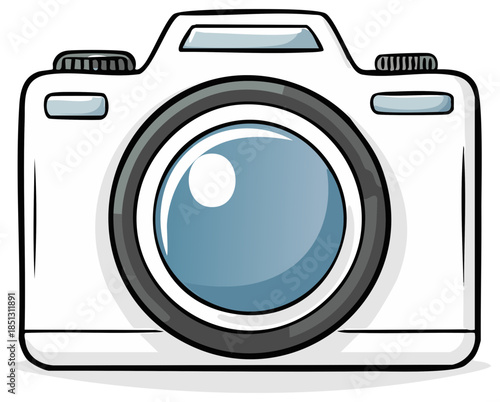 Clean cartoon illustration of a modern white digital photo camera icon