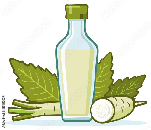 Horseradish condiment illustration: Root vegetables, leaves, and filled glass bottle creating a savory flavor enhancer
