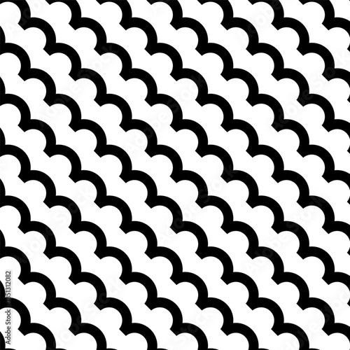 Seamless pattern with wavy stripes. Sea serpent pattern. Scales. Black waves diagonally. Simple graphic pattern. Wallpaper, wrapping, background, fabric, texture.
