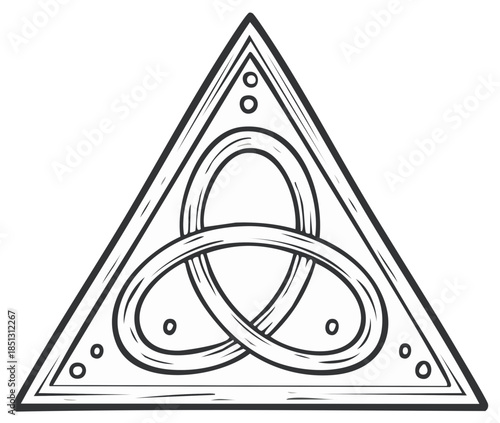 Celtic Triquetra Knot Symbol within a Triangle Frame Black and White Vector Illustration