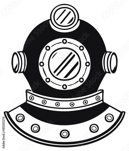 Black and white vector illustration of a diving helmet, with portholes and a distinctive design, isolated. Vintage deep sea gear.