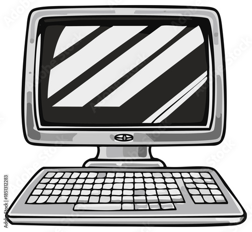 Vintage desktop computer with CRT monitor and keyboard in a retro grayscale illustration style