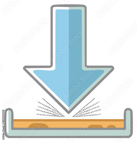 Downward arrow icon sowing or depositing particles into a tray for a 3D printing or agriculture concept