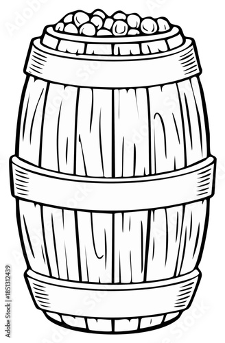 Wooden barrel overflowing with round fruit or nuts in a simple line drawing style