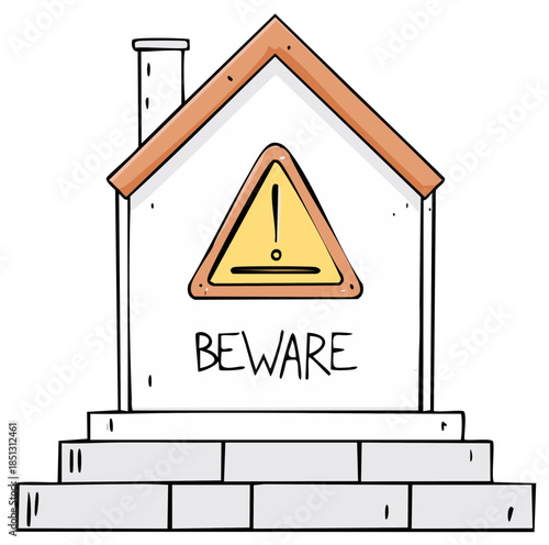 Cartoon house with beware sign and exclamation mark warning symbol
