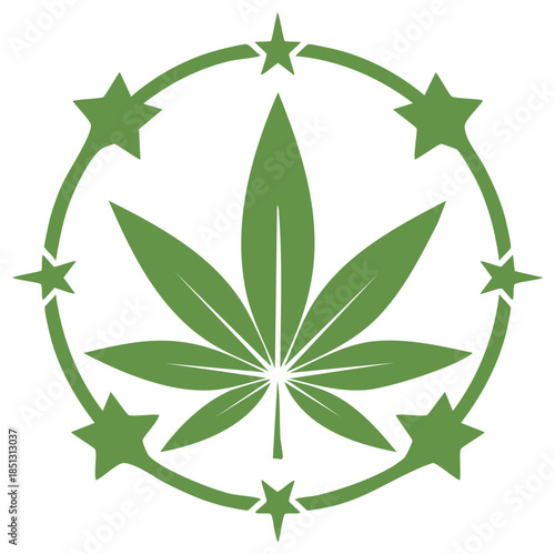 Green Hemp Leaf Graphic Encircled by Starry Ring Emblem Cannabis Icon Simple Isolated