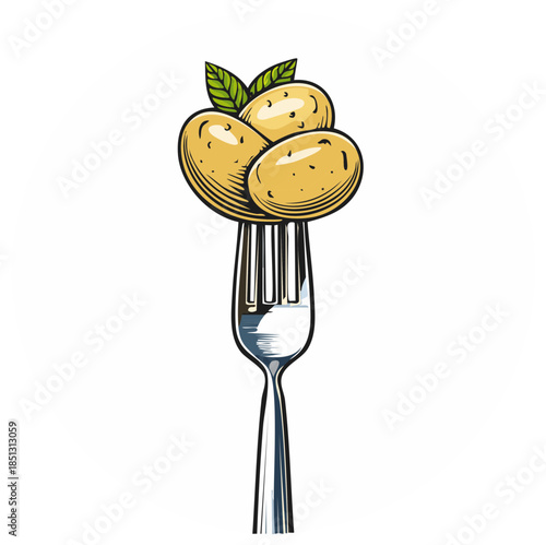 Graphic illustration featuring several fresh potatoes with green leaves on a metal fork