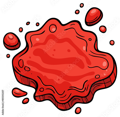 Vibrant Red Liquid Splash with Droplets Artistic Cartoon Style