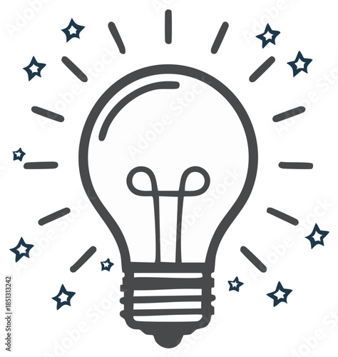 Light bulb glowing with radiating lines and small stars symbolizing a brilliant new idea