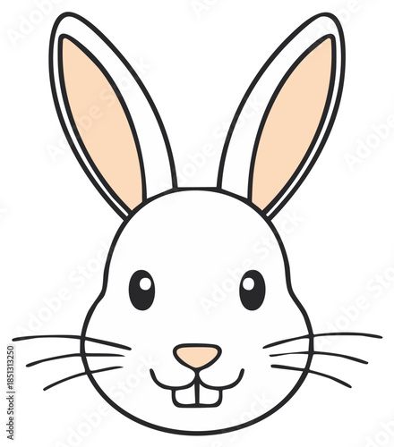 Friendly white cartoon rabbit head illustration with long ears, small eyes, and buck teeth