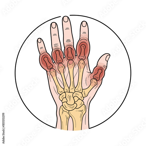 Hand with arthritis swelling highlighting inflamed joints and bones  