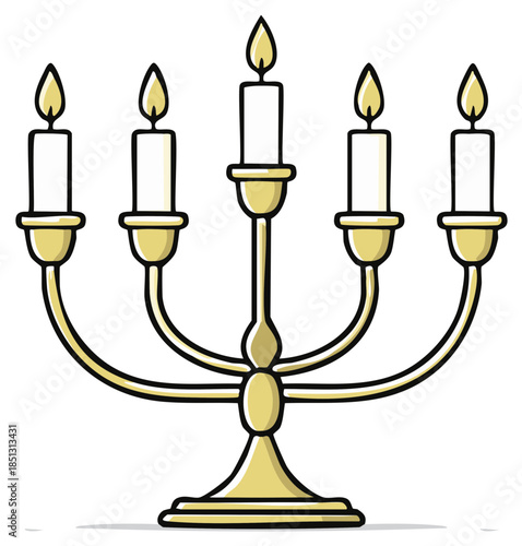 Illustration of a golden candelabra with five lit white candles in a drawing style