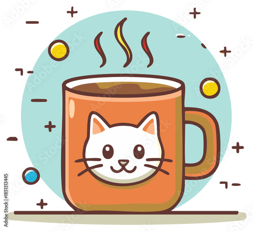 Cute cat mug of coffee with steam in a cartoon style illustration