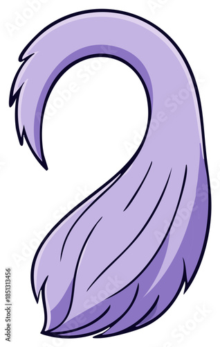 Dynamic purple fluffy curved graphic element, abstract cartoon illustration of a stylized tail or fur.