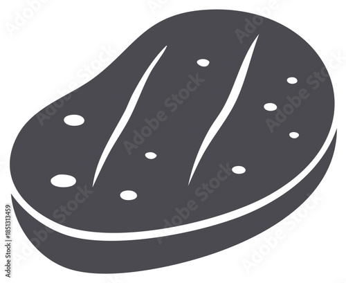 A simple grilled steak icon showing a cut of beef with grill marks. Monochrome vector graphic for barbecue or food.
