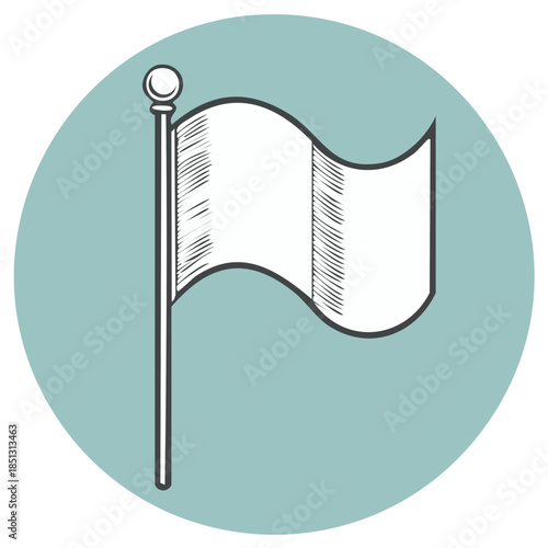 Hand drawn outline illustration of a white flag waving on a flagpole. Blank banner vector art.
