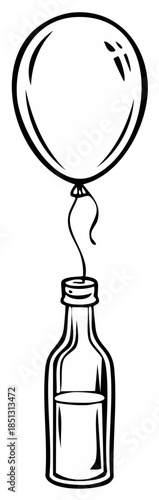 Outline illustration of a party balloon tied to a small beverage bottle with liquid inside