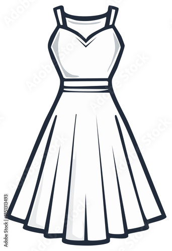 Classic white women's dress with a flared skirt simple outline illustration