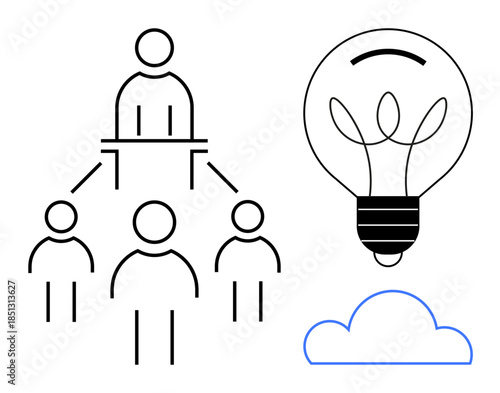 Leadership, teamwork, innovation, brainstorming, idea generation, cloud computing. A hierarchy with a leader overseeing a team, a lightbulb and a cloud. Leadership and innovation concept