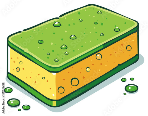 Fresh green and yellow household cleaning sponge with water drops vector illustration