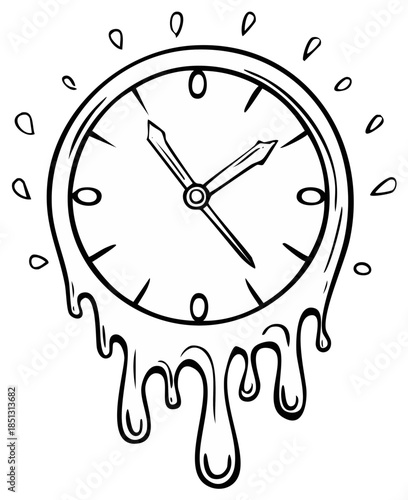 Melting clock illustration showing abstract concept of time flowing and running out, cartoon style line drawing for creative stock art projects