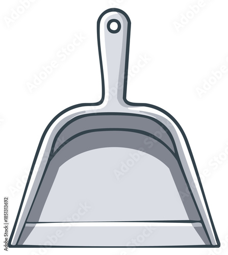 Simple illustration of a metal dustpan with a hanging hole on its handle