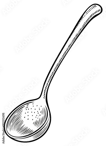 Detailed Vintage Spoon Illustration with Hatching and Dots Isolated on White Background