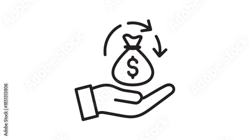 Hand holding money bag in simple line art with black color on white background for financial icon