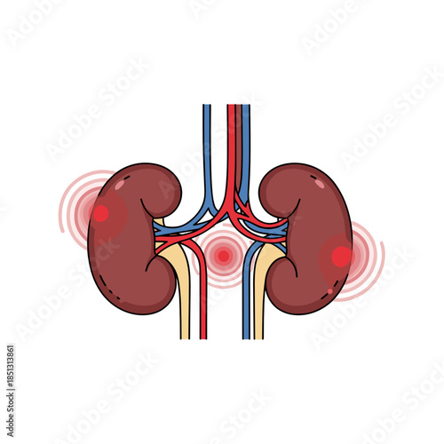 Kidney pain illustration with arteries and veins in anatomical view  