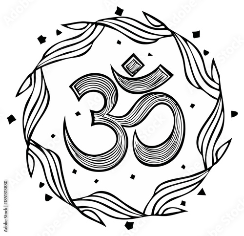 Om Symbol surrounded by artistic, decorative, floral, organic wreath in black and white