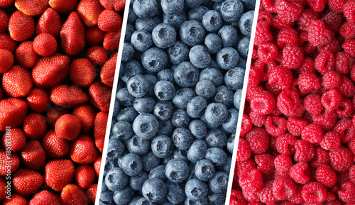 Collage of different fresh berries. Strawberries, blueberries and raspberries © New Africa